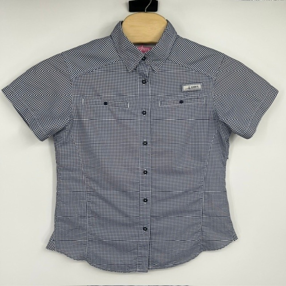Habit Women's Large Navy Blue Check Short Sleeve Button Up UPF 40+ Vented